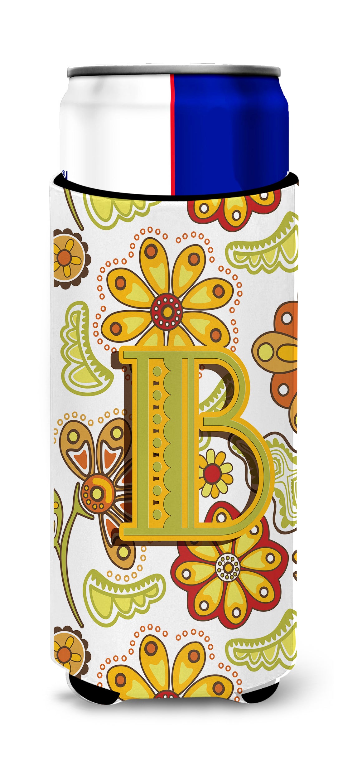 Letter B Floral Mustard and Green Ultra Beverage Insulators for slim cans CJ2003-BMUK.
