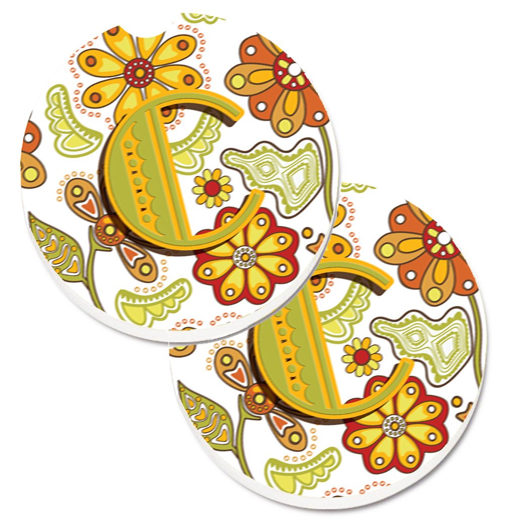 Letter C Floral Mustard and Green Set of 2 Cup Holder Car Coasters CJ2003-CCARC by Caroline's Treasures