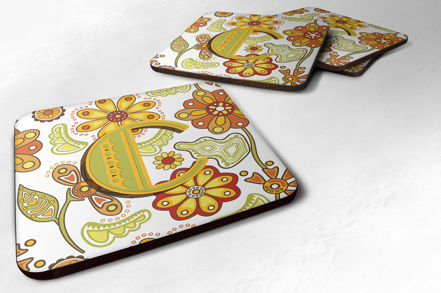 Set of 4 Letter C Floral Mustard and Green Foam Coasters CJ2003-CFC - the-store.com