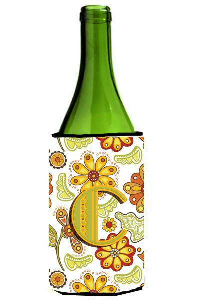 Letter C Floral Mustard and Green Wine Bottle Beverage Insulator Hugger CJ2003-CLITERK by Caroline&#39;s Treasures