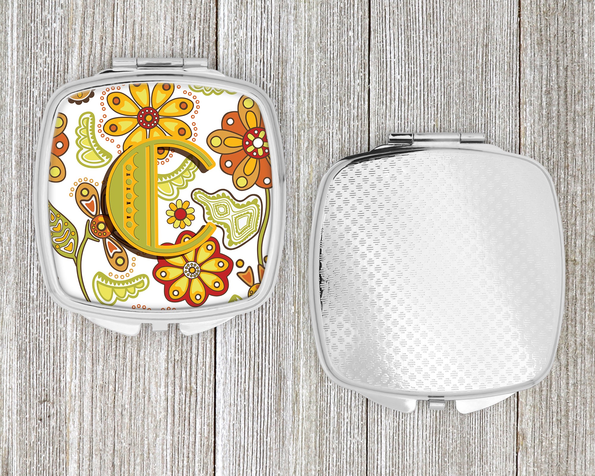 Letter C Floral Mustard and Green Compact Mirror CJ2003-CSCM  the-store.com.