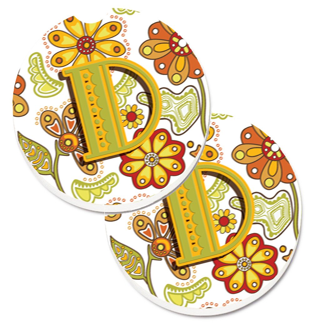 Letter D Floral Mustard and Green Set of 2 Cup Holder Car Coasters CJ2003-DCARC by Caroline&#39;s Treasures
