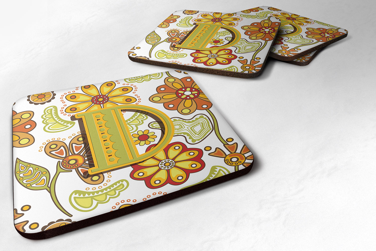 Set of 4 Letter D Floral Mustard and Green Foam Coasters CJ2003-DFC - the-store.com