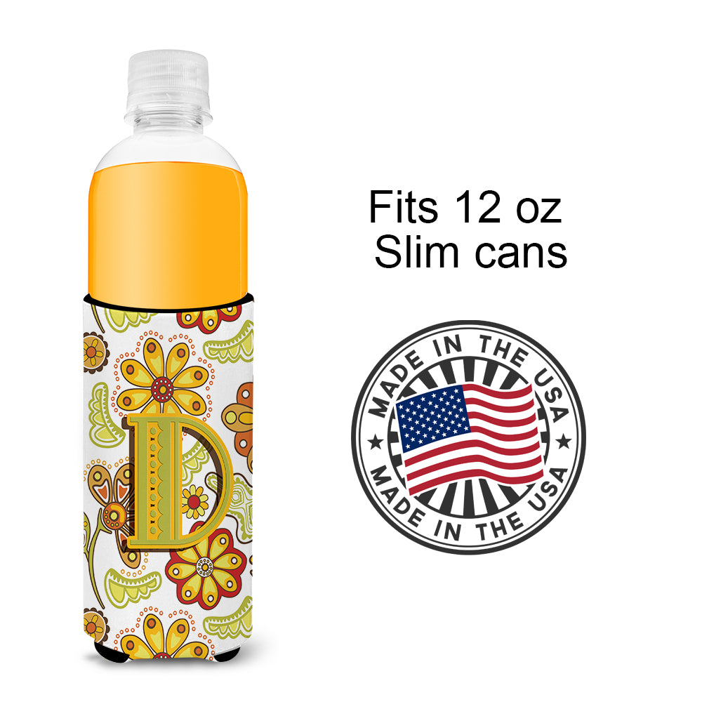 Letter D Floral Mustard and Green Ultra Beverage Insulators for slim cans CJ2003-DMUK.
