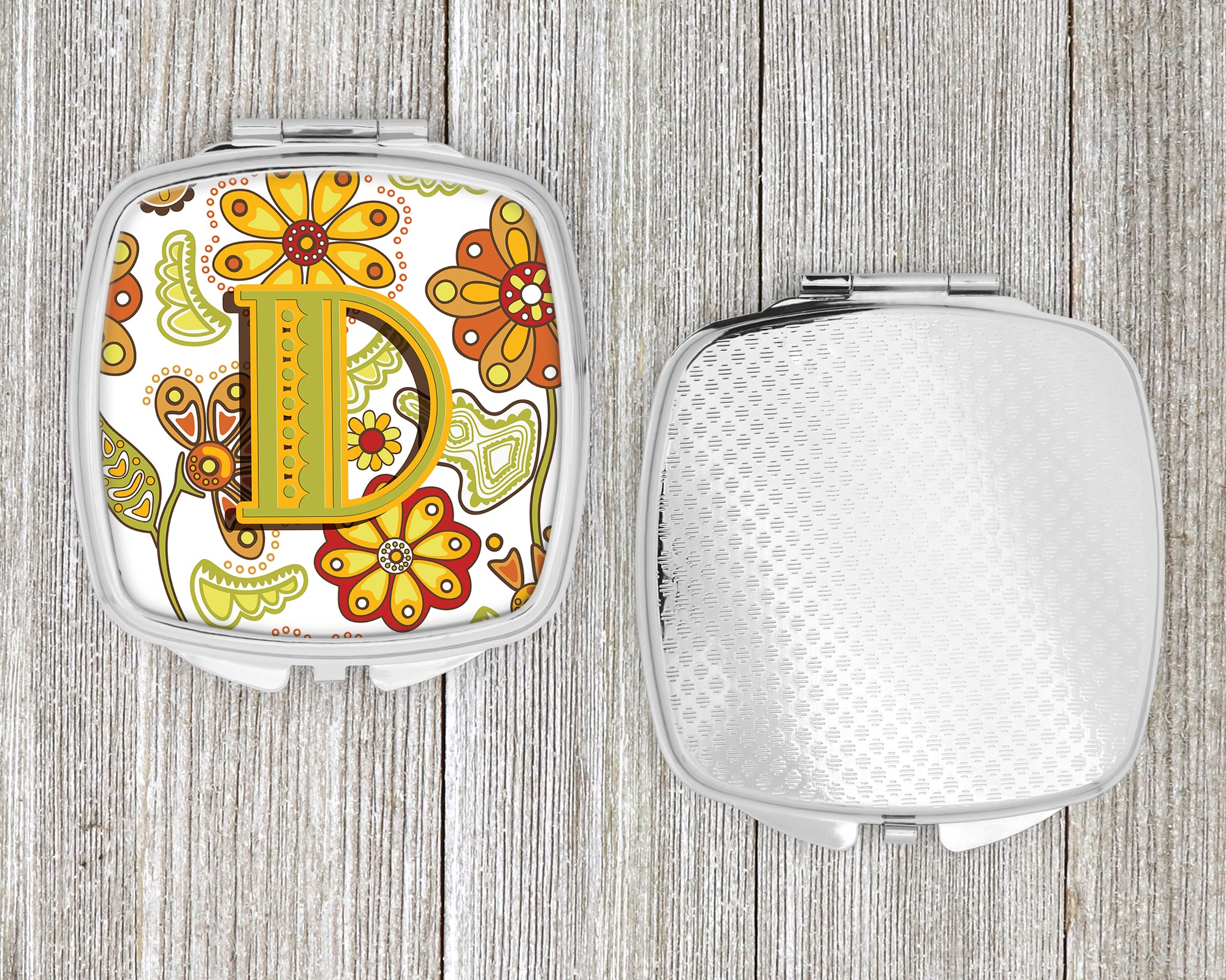 Letter D Floral Mustard and Green Compact Mirror CJ2003-DSCM