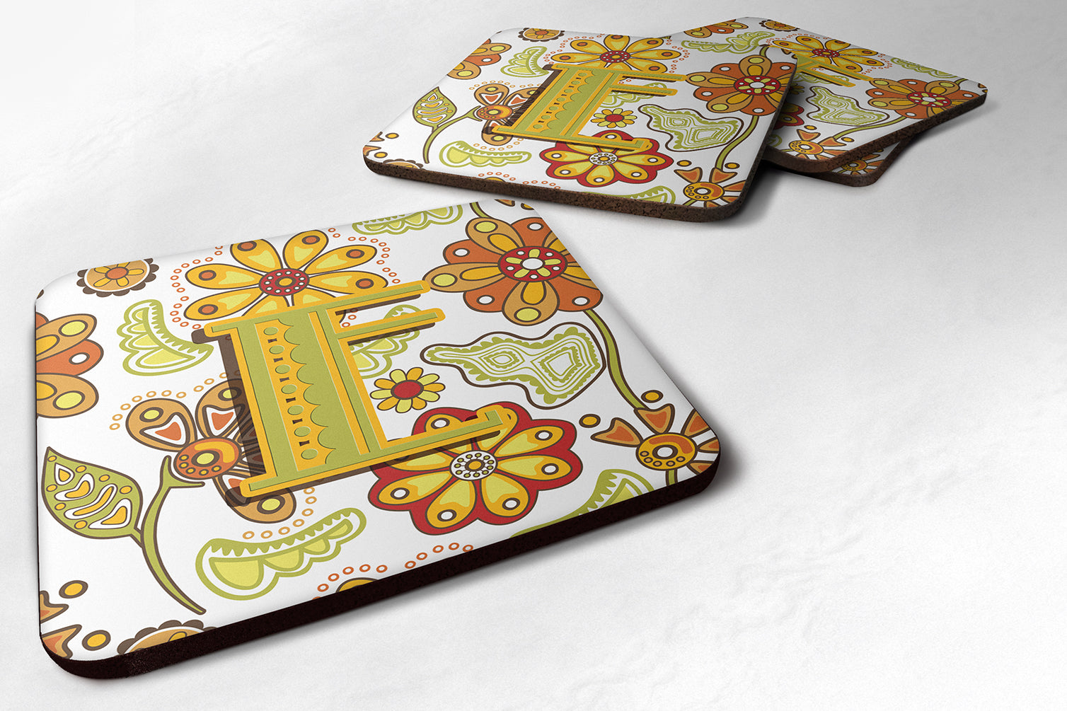 Set of 4 Letter E Floral Mustard and Green Foam Coasters CJ2003-EFC - the-store.com