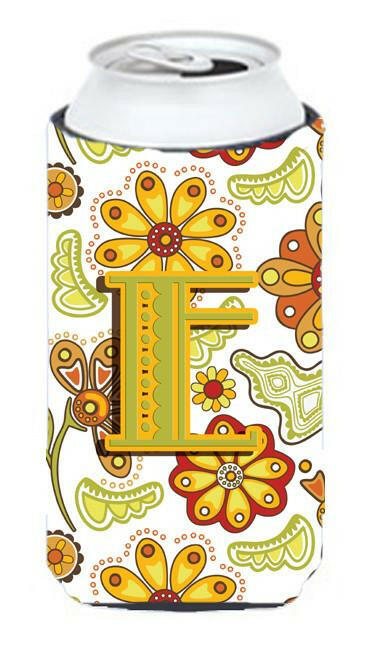 Letter E Floral Mustard and Green Tall Boy Beverage Insulator Hugger CJ2003-ETBC by Caroline&#39;s Treasures