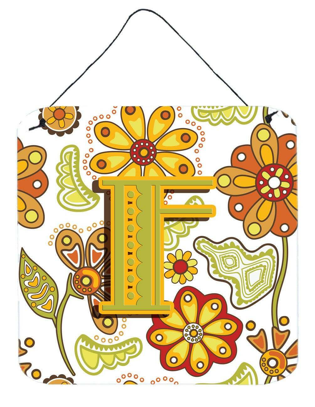 Letter F Floral Mustard and Green Wall or Door Hanging Prints CJ2003-FDS66 by Caroline&#39;s Treasures