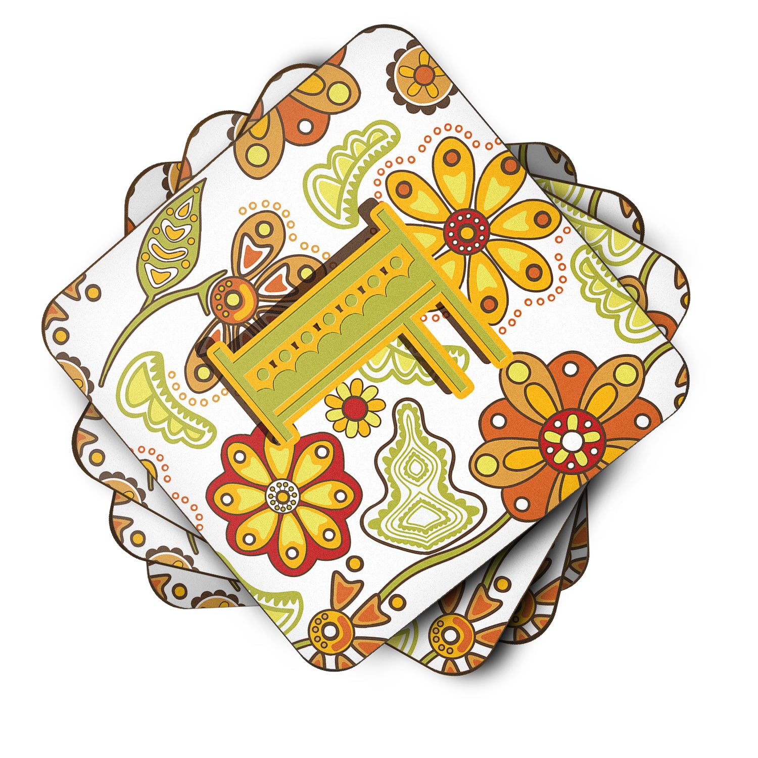 Set of 4 Letter F Floral Mustard and Green Foam Coasters CJ2003-FFC - the-store.com