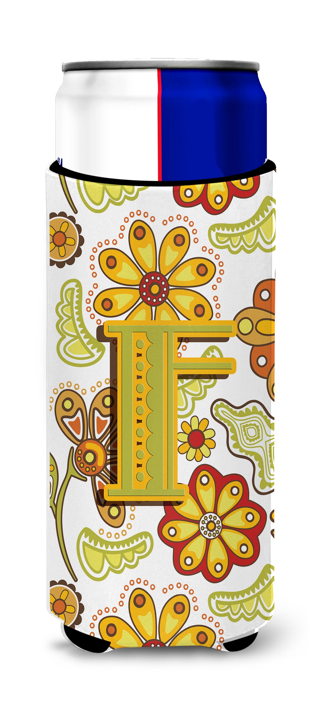 Letter F Floral Mustard and Green Ultra Beverage Insulators for slim cans CJ2003-FMUK