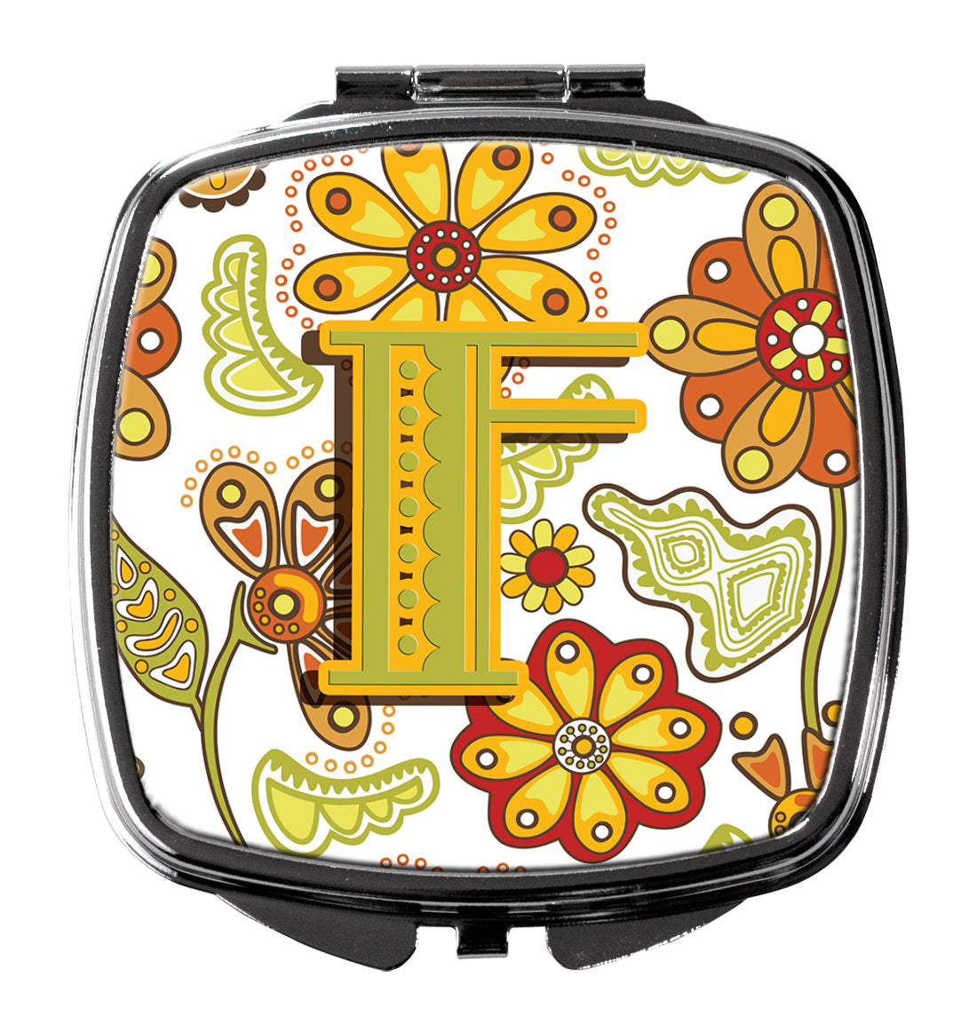 Letter F Floral Mustard and Green Compact Mirror CJ2003-FSCM  the-store.com.