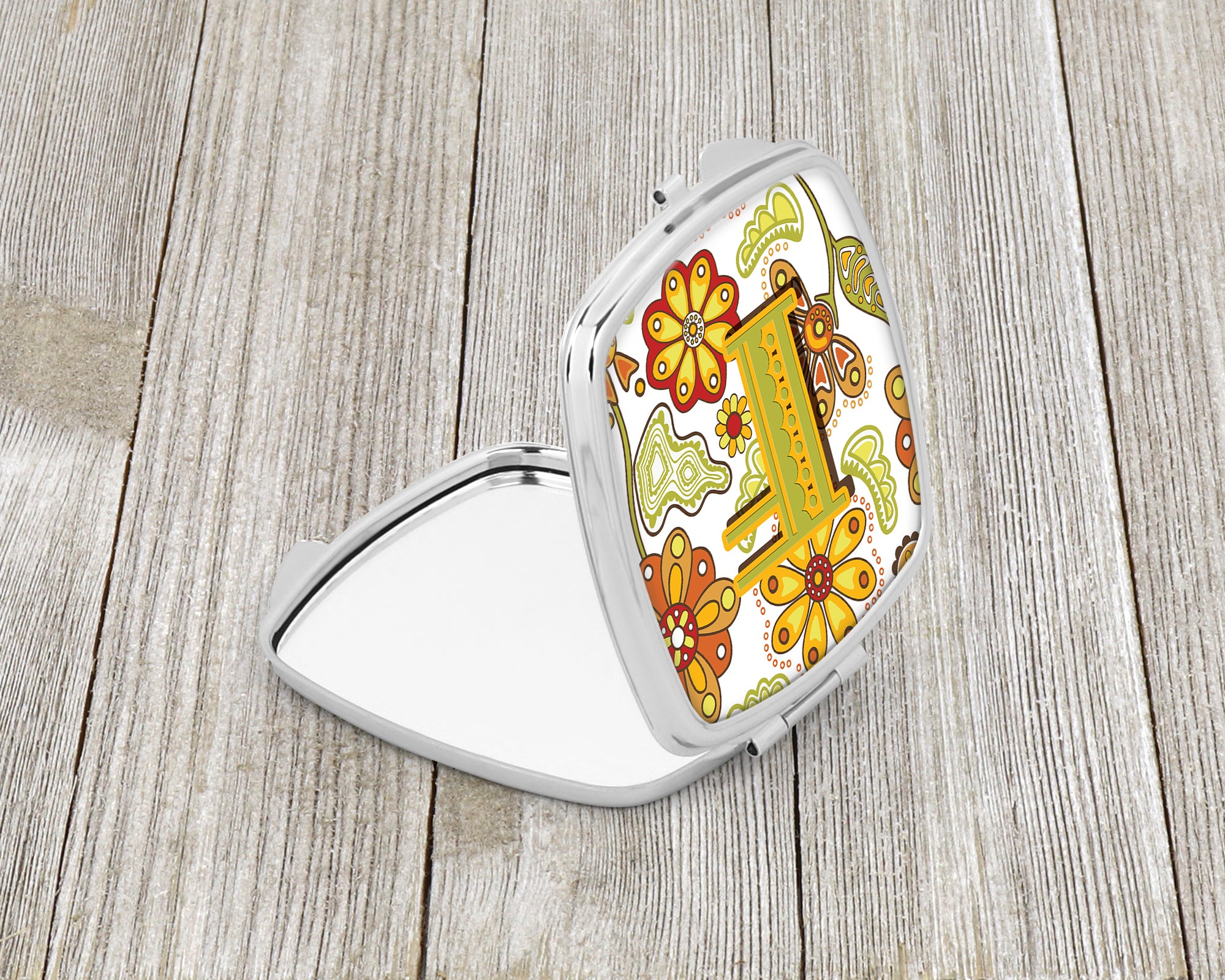 Letter F Floral Mustard and Green Compact Mirror CJ2003-FSCM  the-store.com.
