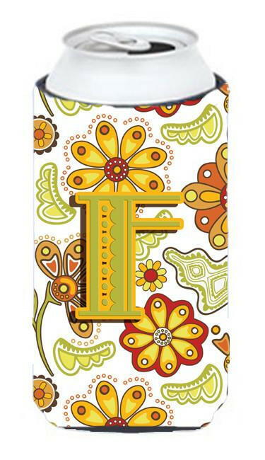 Letter F Floral Mustard and Green Tall Boy Beverage Insulator Hugger CJ2003-FTBC by Caroline&#39;s Treasures