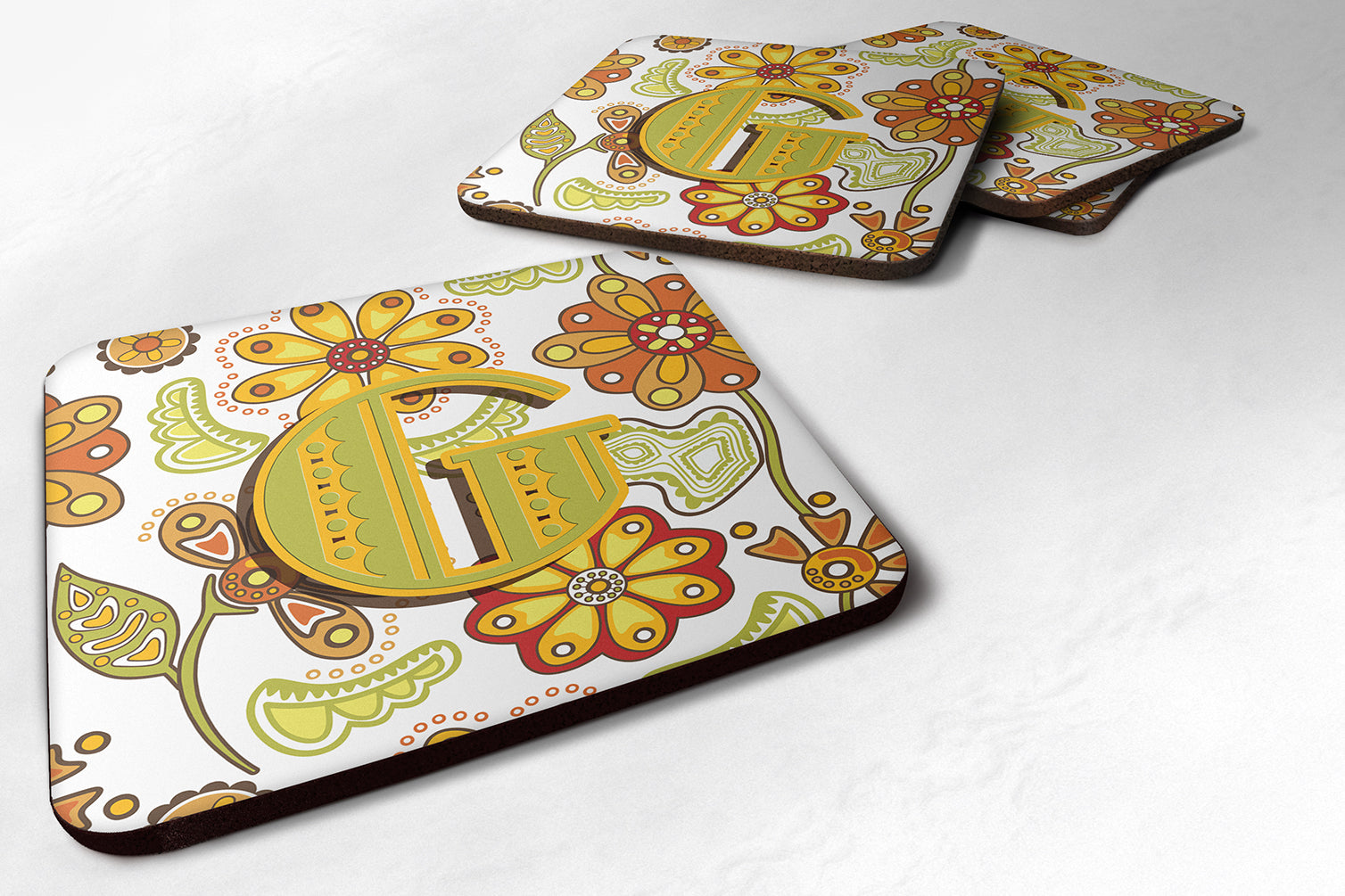 Set of 4 Letter G Floral Mustard and Green Foam Coasters CJ2003-GFC - the-store.com
