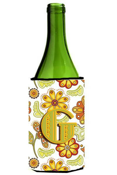 Letter G Floral Mustard and Green Wine Bottle Beverage Insulator Hugger CJ2003-GLITERK by Caroline&#39;s Treasures