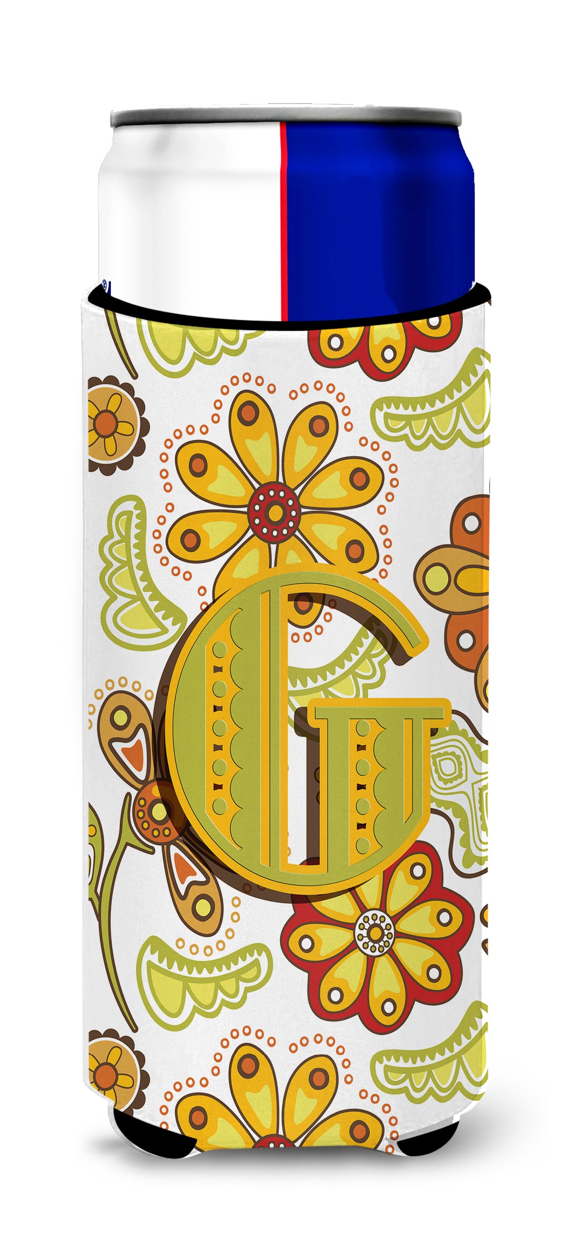 Letter G Floral Mustard and Green Ultra Beverage Insulators for slim cans CJ2003-GMUK.