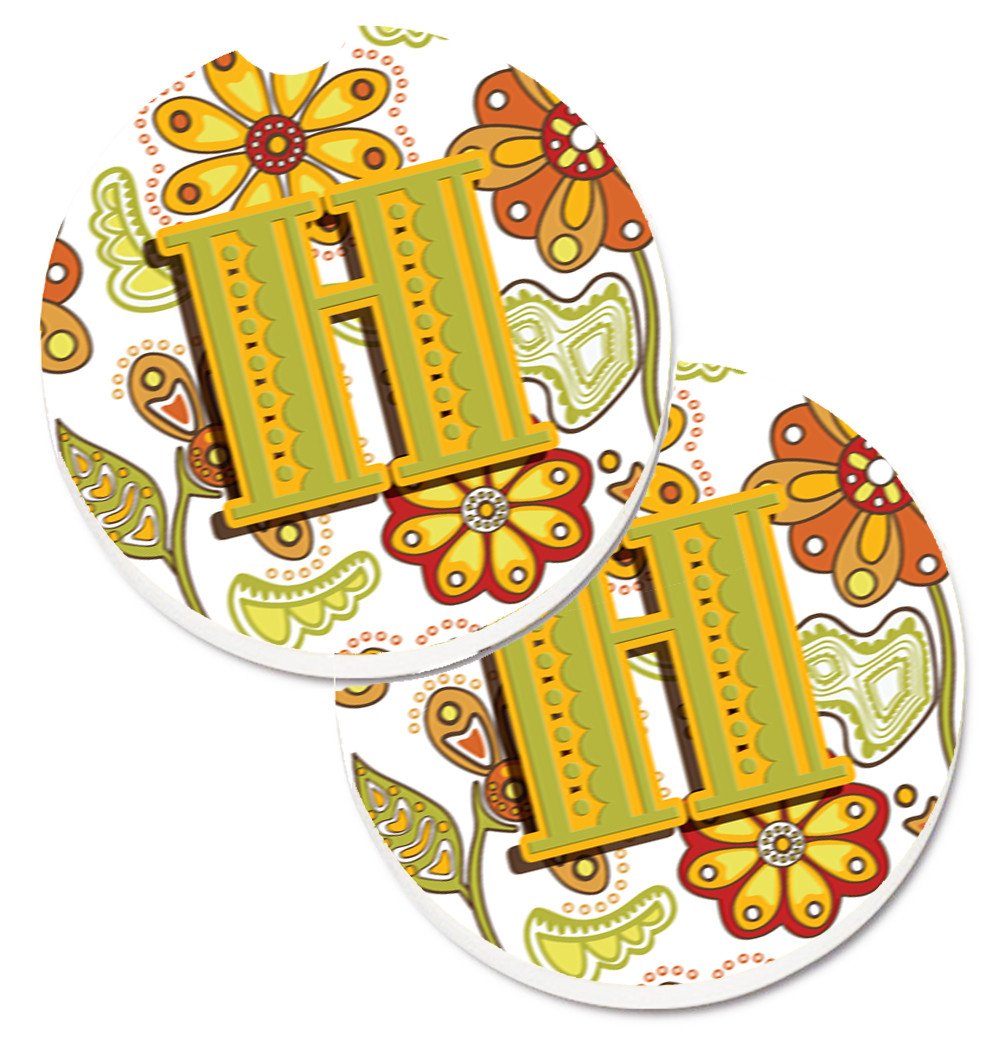 Letter H Floral Mustard and Green Set of 2 Cup Holder Car Coasters CJ2003-HCARC by Caroline's Treasures
