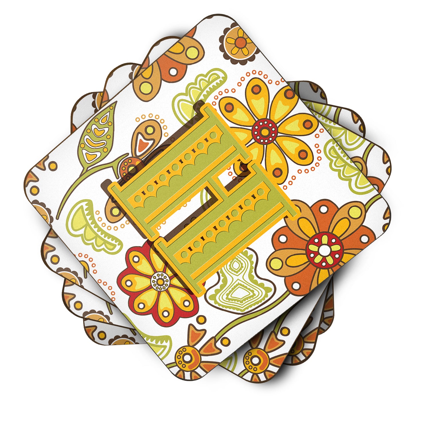 Set of 4 Letter H Floral Mustard and Green Foam Coasters CJ2003-HFC - the-store.com