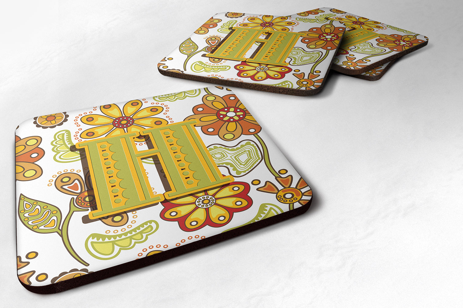 Set of 4 Letter H Floral Mustard and Green Foam Coasters CJ2003-HFC - the-store.com