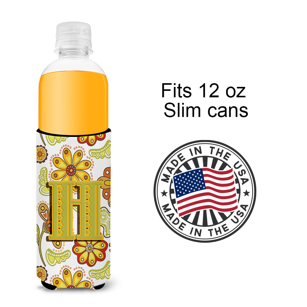Letter H Floral Mustard and Green Ultra Beverage Insulators for slim cans CJ2003-HMUK.