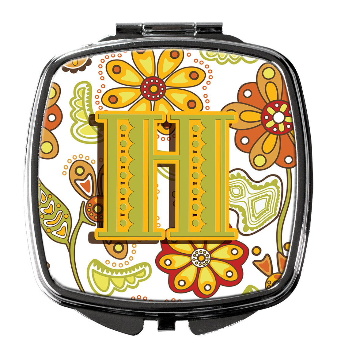 Caroline's Treasures Letter H Floral Mustard and Green Compact Mirror – Stylish Purse Mirror with Artistic Covers CJ2003-HSCM