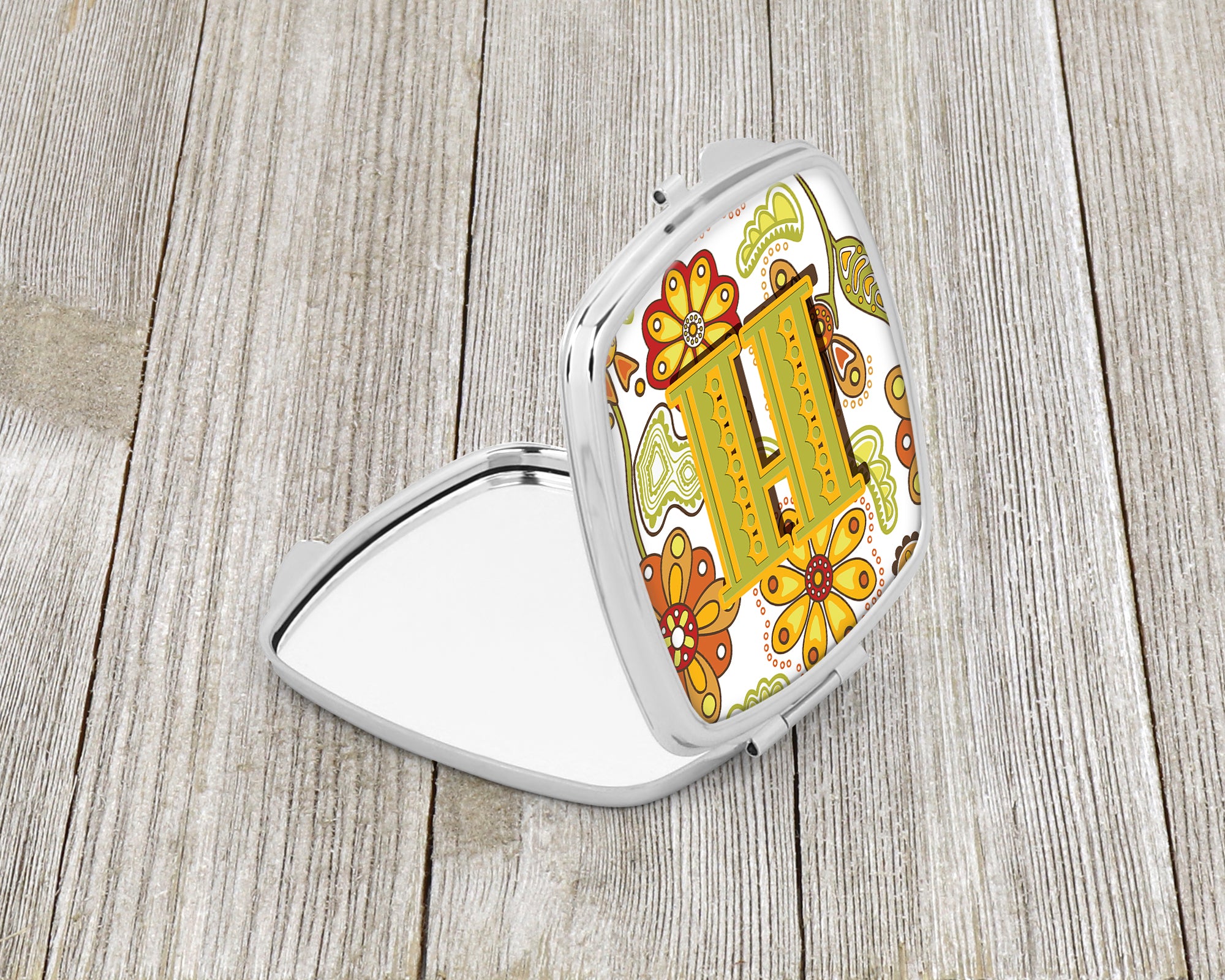 Letter H Floral Mustard and Green Compact Mirror CJ2003-HSCM  the-store.com.