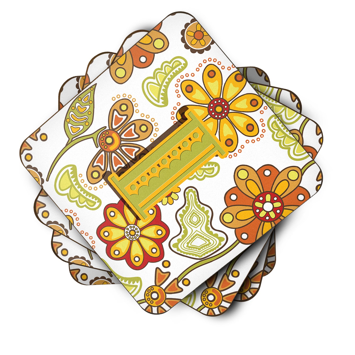 Set of 4 Letter I Floral Mustard and Green Foam Coasters CJ2003-IFC - the-store.com