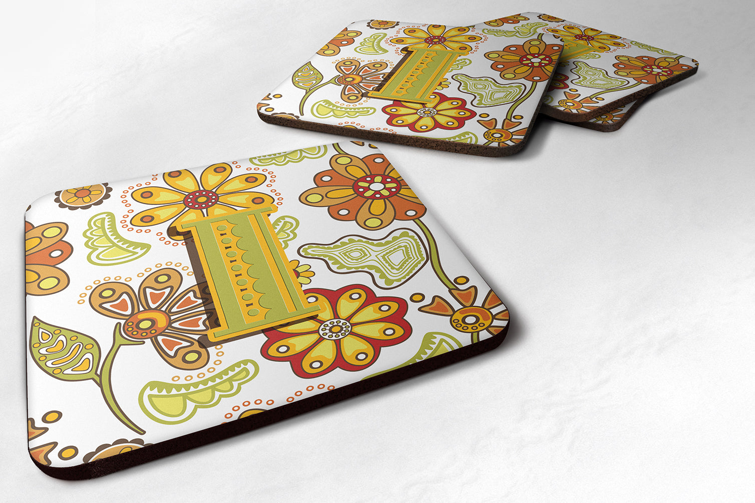 Set of 4 Letter I Floral Mustard and Green Foam Coasters CJ2003-IFC - the-store.com
