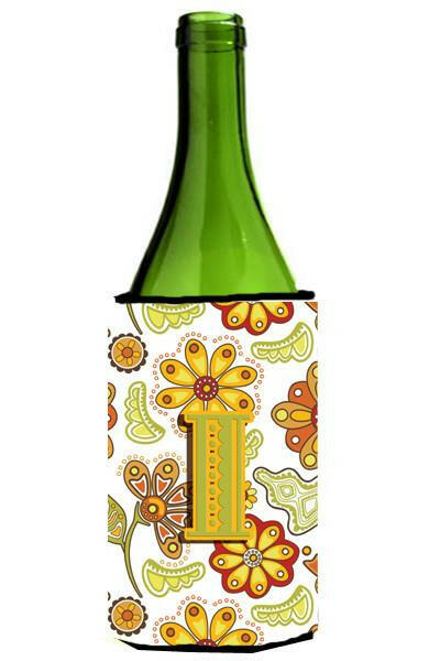 Letter I Floral Mustard and Green Wine Bottle Beverage Insulator Hugger CJ2003-ILITERK by Caroline&#39;s Treasures