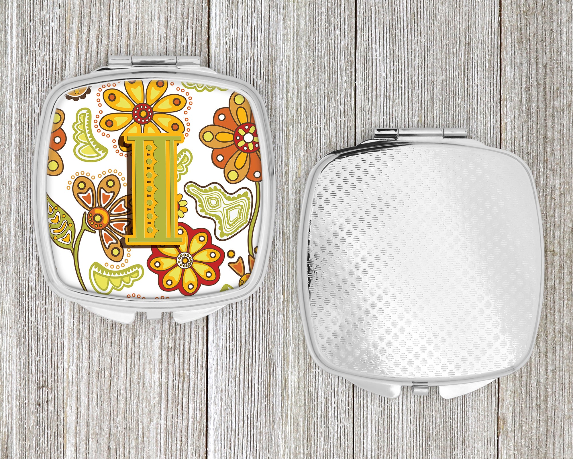 Letter I Floral Mustard and Green Compact Mirror CJ2003-ISCM  the-store.com.