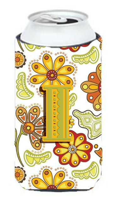 Letter I Floral Mustard and Green Tall Boy Beverage Insulator Hugger CJ2003-ITBC by Caroline's Treasures