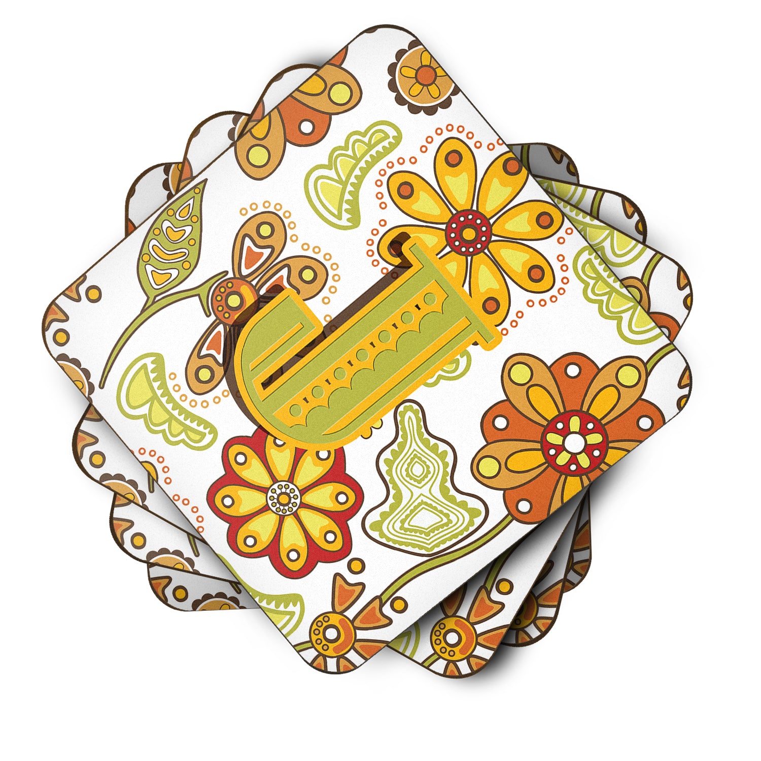 Set of 4 Letter J Floral Mustard and Green Foam Coasters CJ2003-JFC - the-store.com