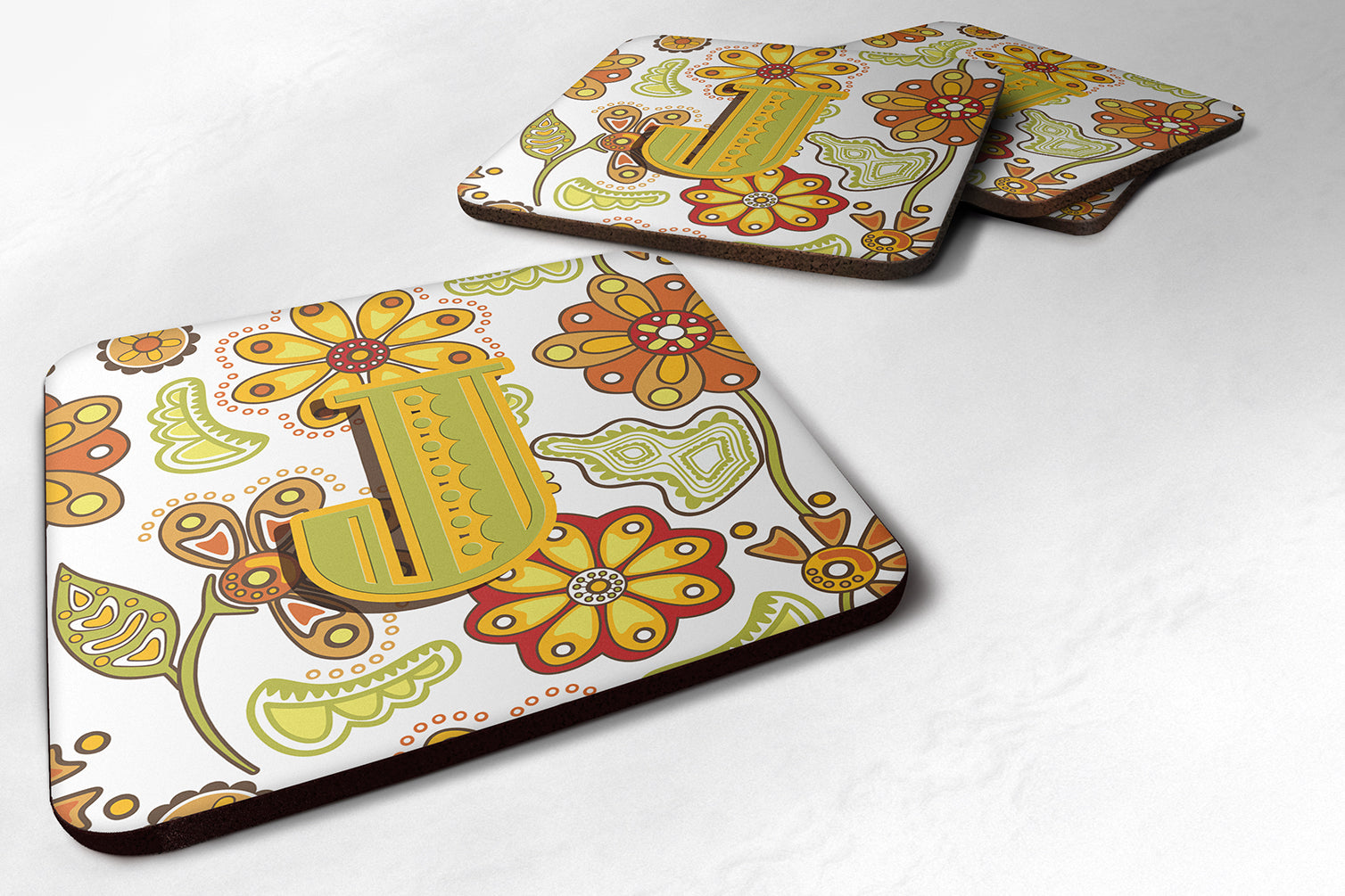 Set of 4 Letter J Floral Mustard and Green Foam Coasters CJ2003-JFC - the-store.com