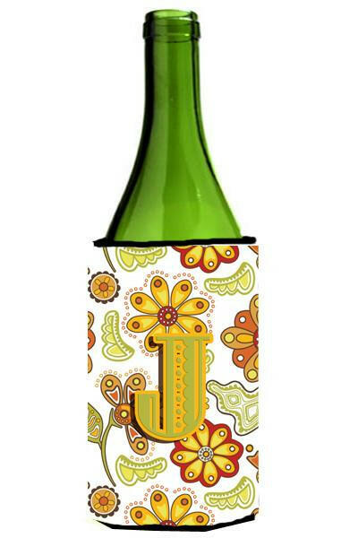 Letter J Floral Mustard and Green Wine Bottle Beverage Insulator Hugger CJ2003-JLITERK by Caroline&#39;s Treasures
