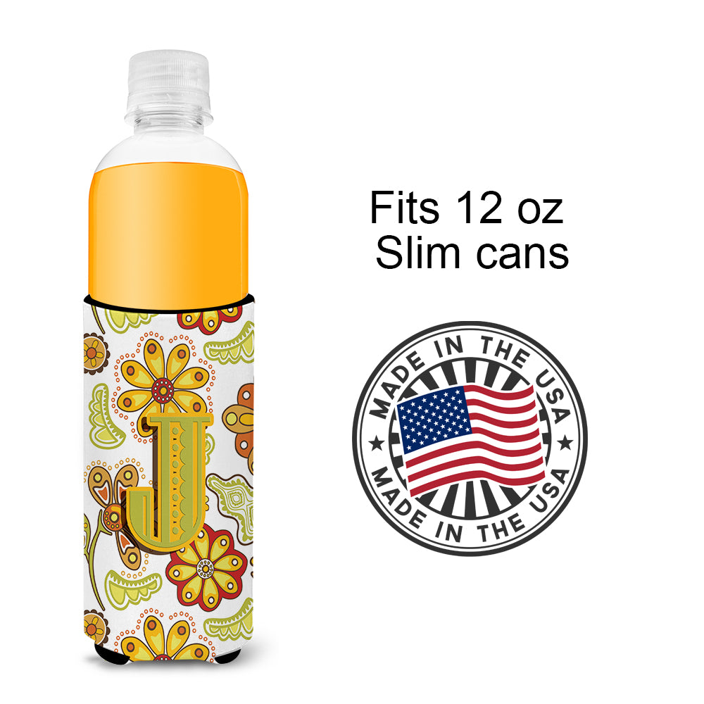 Letter J Floral Mustard and Green Ultra Beverage Insulators for slim cans CJ2003-JMUK