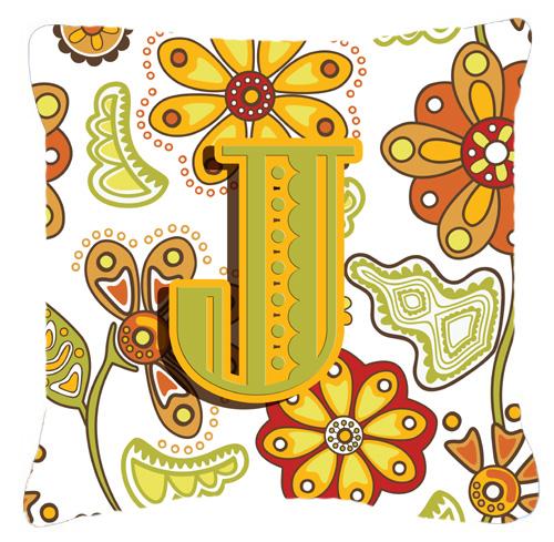 Letter J Floral Mustard and Green Canvas Fabric Decorative Pillow by Caroline&#39;s Treasures