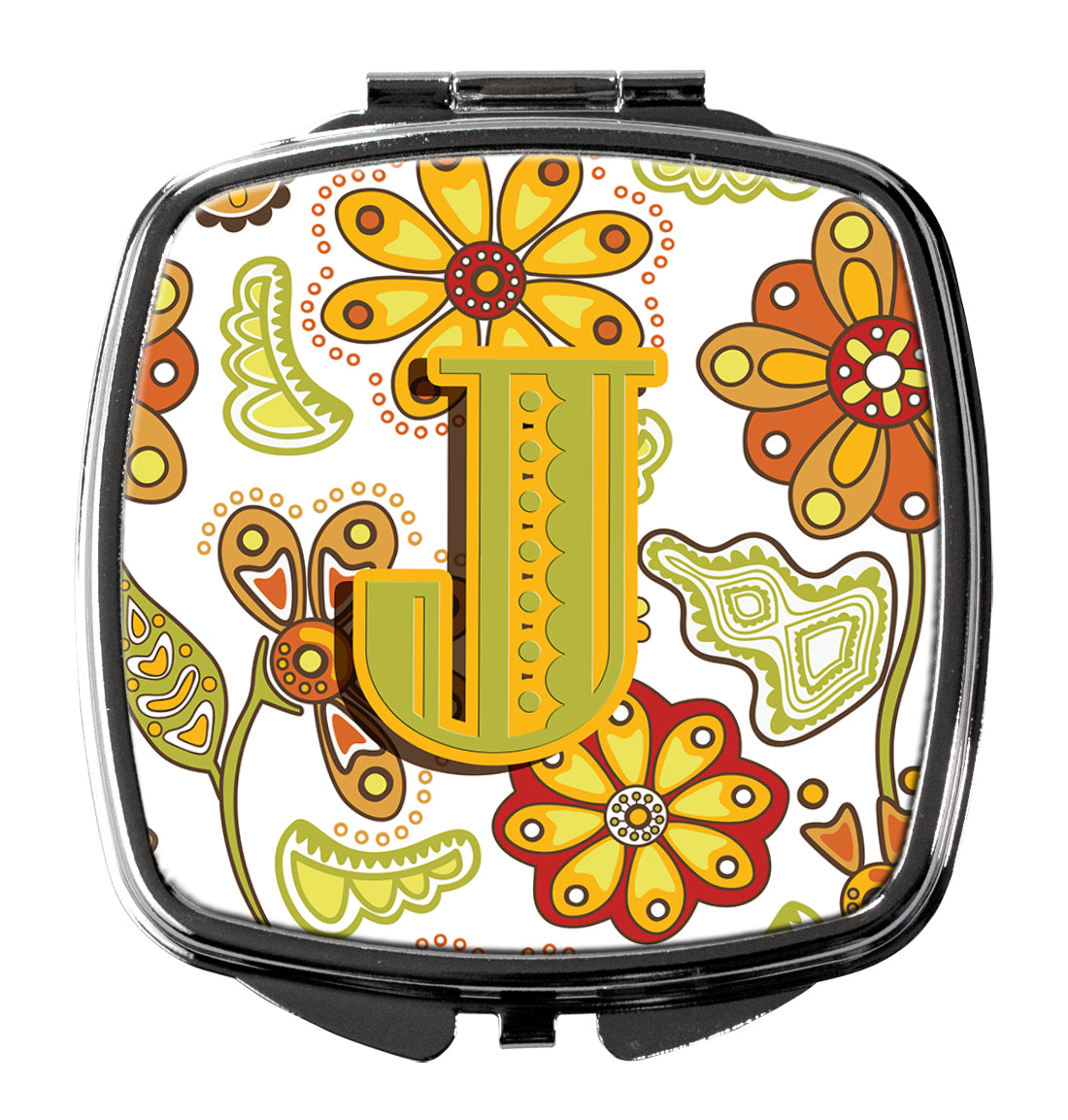 Letter J Floral Mustard and Green Compact Mirror CJ2003-JSCM
