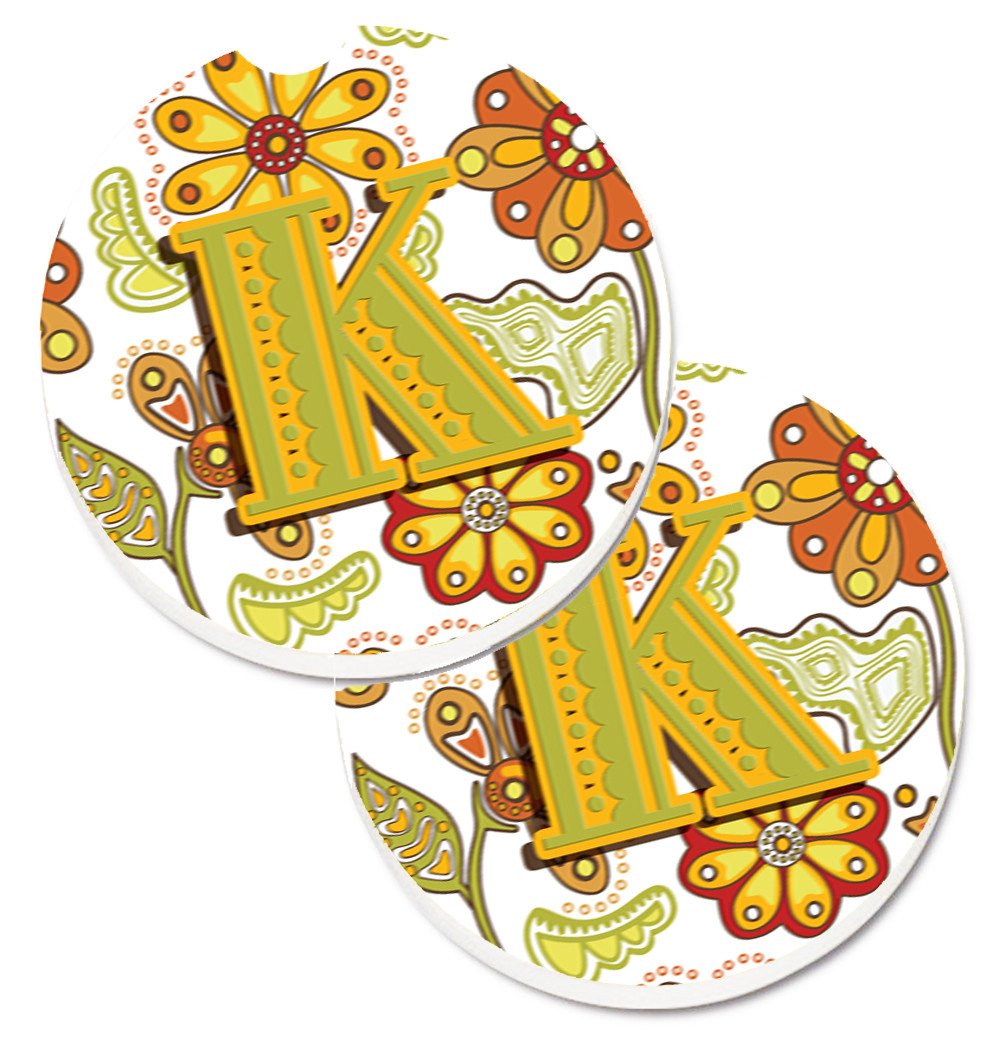 Letter K Floral Mustard and Green Set of 2 Cup Holder Car Coasters CJ2003-KCARC by Caroline&#39;s Treasures