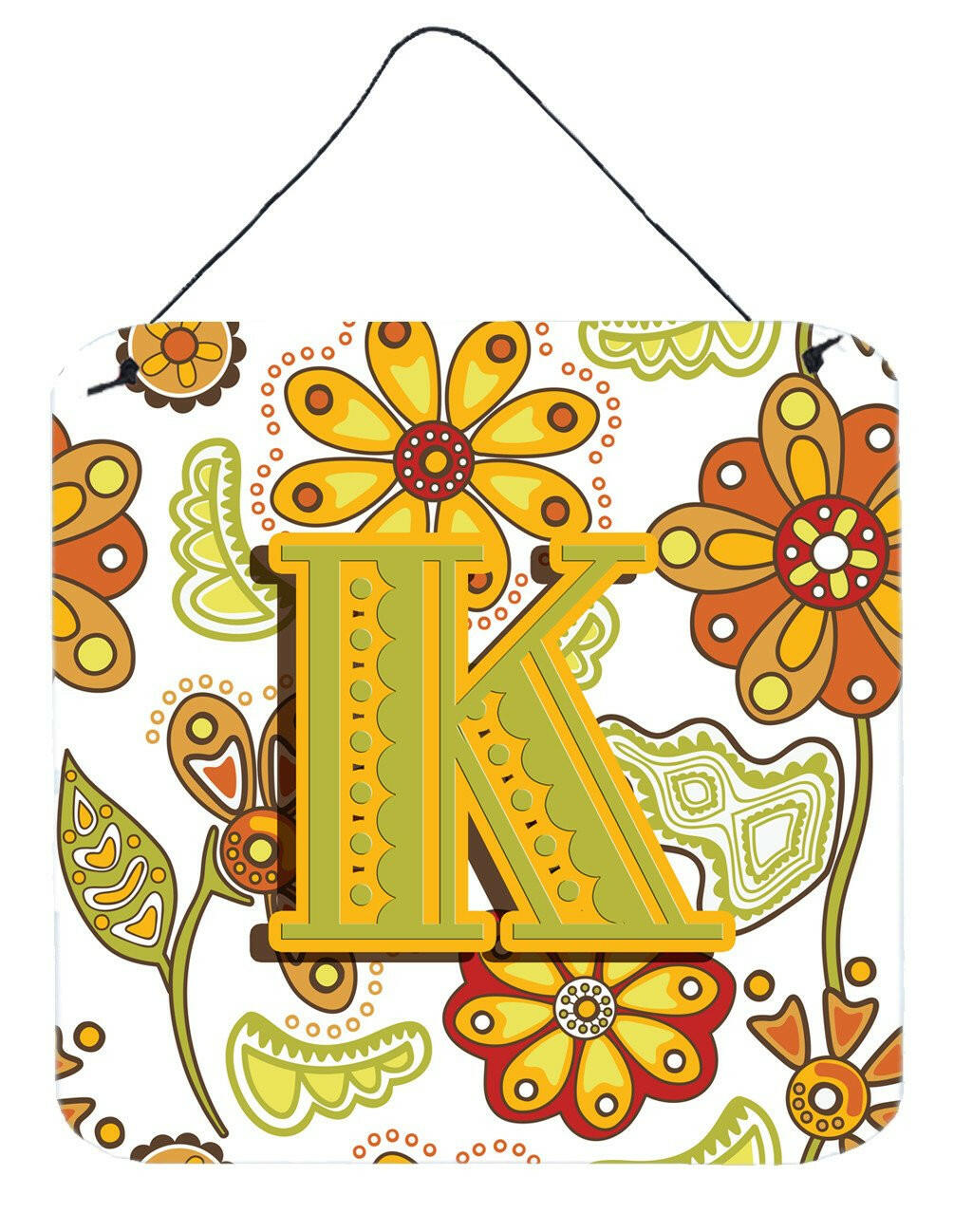 Letter K Floral Mustard and Green Wall or Door Hanging Prints CJ2003-KDS66 by Caroline&#39;s Treasures