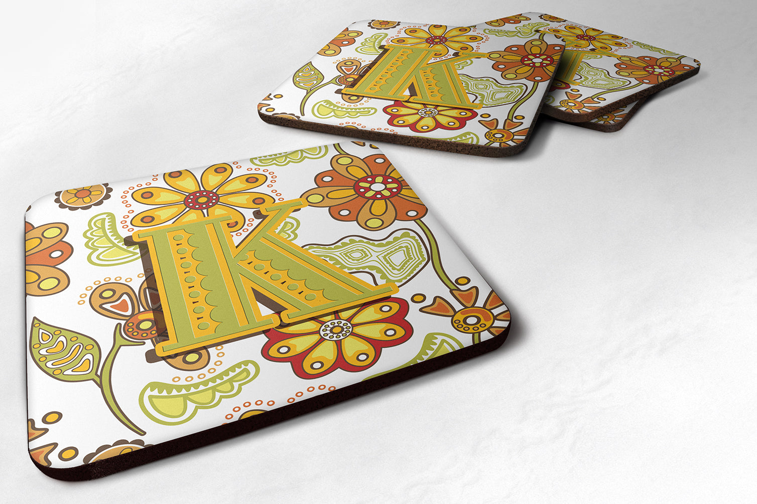 Set of 4 Letter K Floral Mustard and Green Foam Coasters CJ2003-KFC - the-store.com