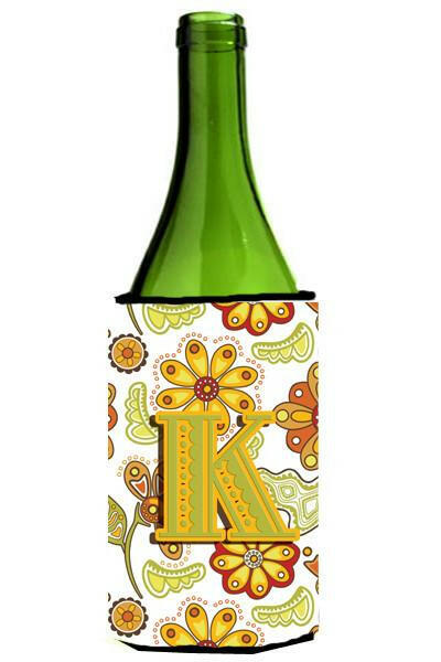 Letter K Floral Mustard and Green Wine Bottle Beverage Insulator Hugger CJ2003-KLITERK by Caroline&#39;s Treasures