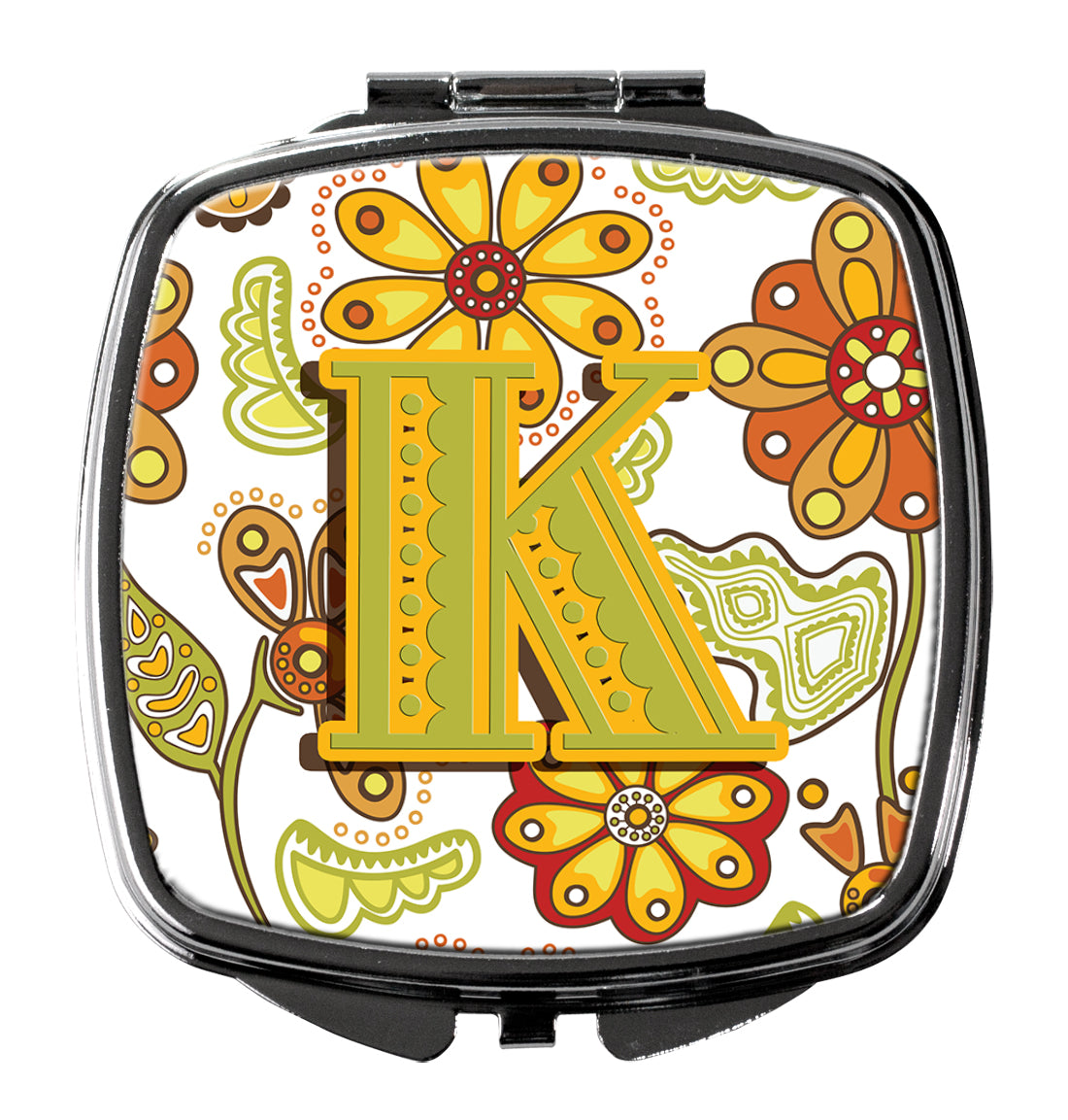 Caroline's Treasures Letter K Floral Mustard and Green Compact Mirror – Stylish Purse Mirror with Artistic Covers CJ2003-KSCM