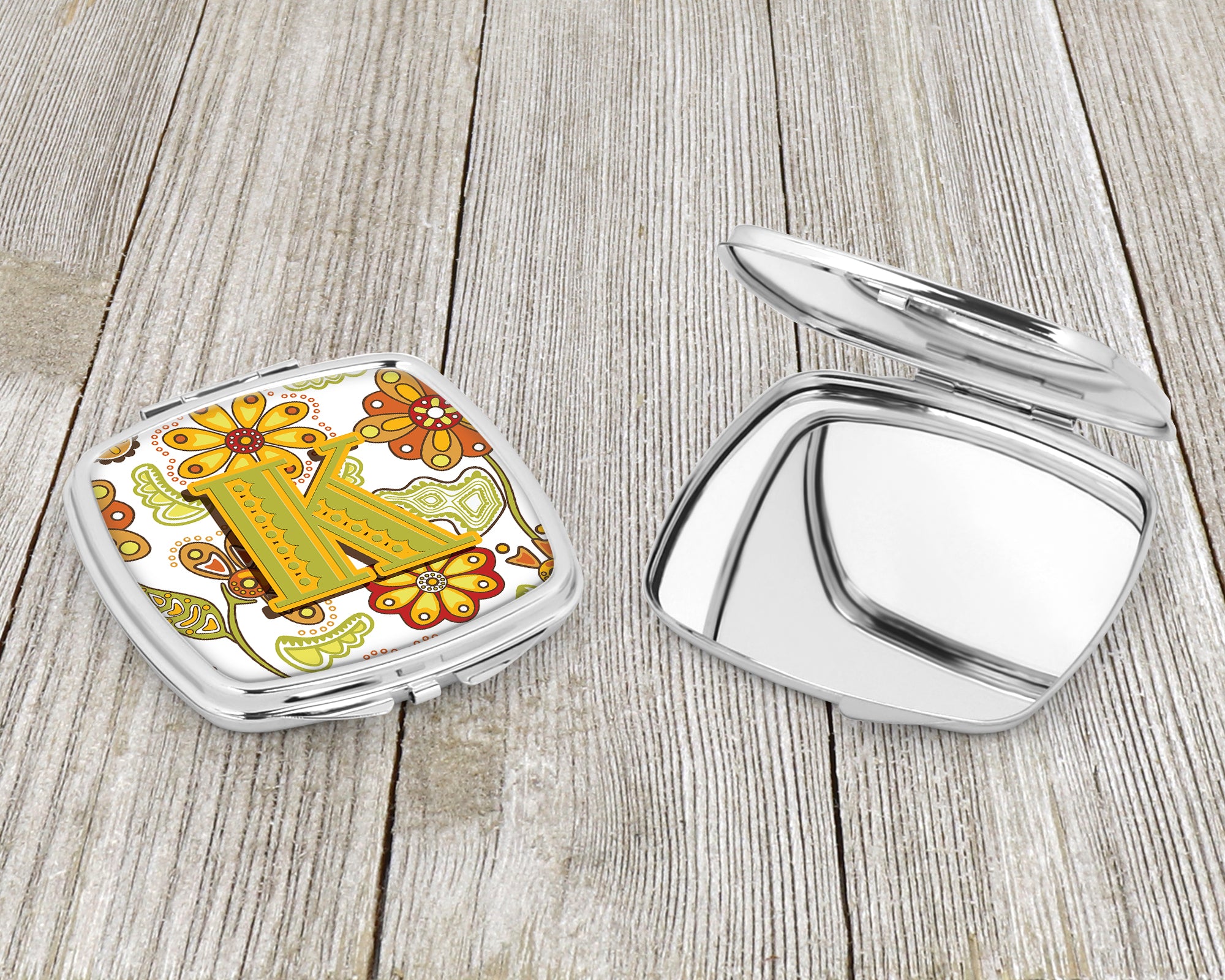 Letter K Floral Mustard and Green Compact Mirror CJ2003-KSCM  the-store.com.