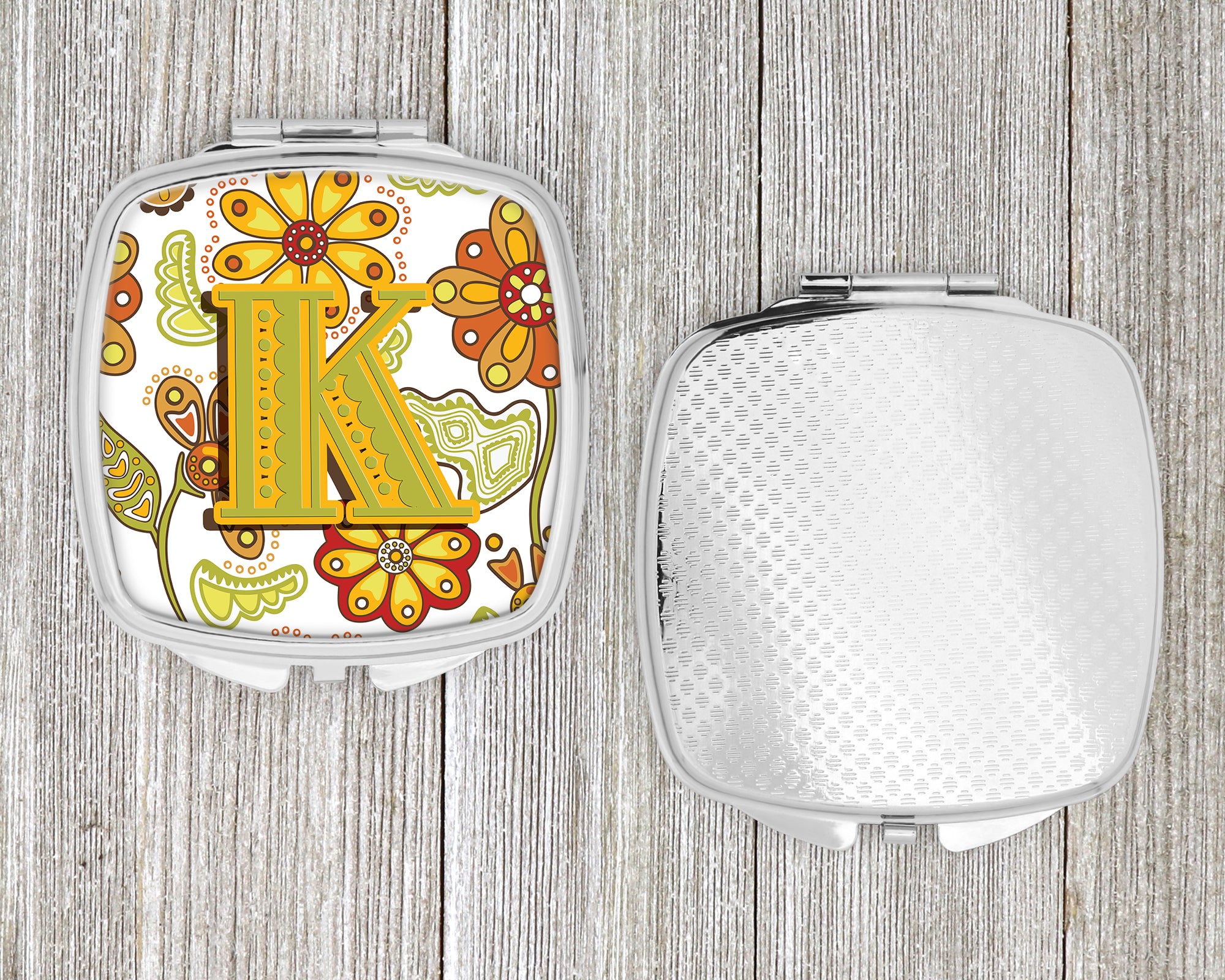 Letter K Floral Mustard and Green Compact Mirror CJ2003-KSCM  the-store.com.