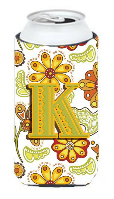 Letter K Floral Mustard and Green Tall Boy Beverage Insulator Hugger CJ2003-KTBC by Caroline&#39;s Treasures
