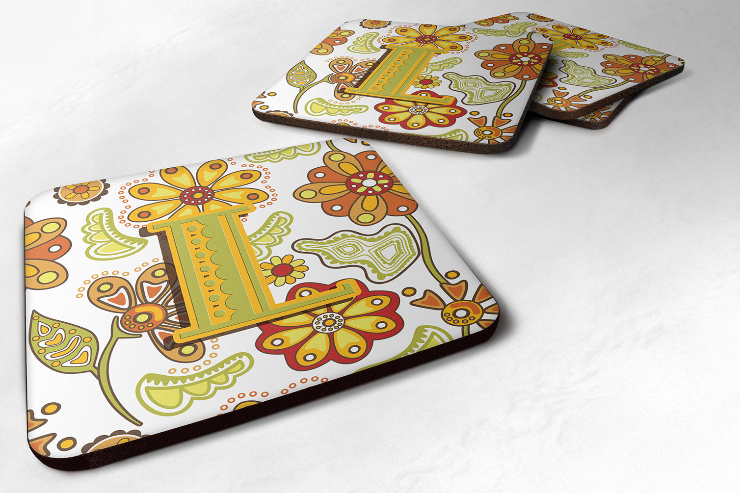Set of 4 Letter L Floral Mustard and Green Foam Coasters CJ2003-LFC - the-store.com