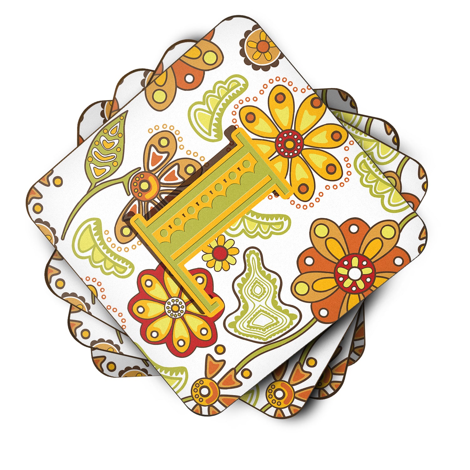 Set of 4 Letter L Floral Mustard and Green Foam Coasters CJ2003-LFC - the-store.com