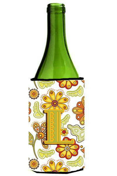 Letter L Floral Mustard and Green Wine Bottle Beverage Insulator Hugger CJ2003-LLITERK by Caroline&#39;s Treasures