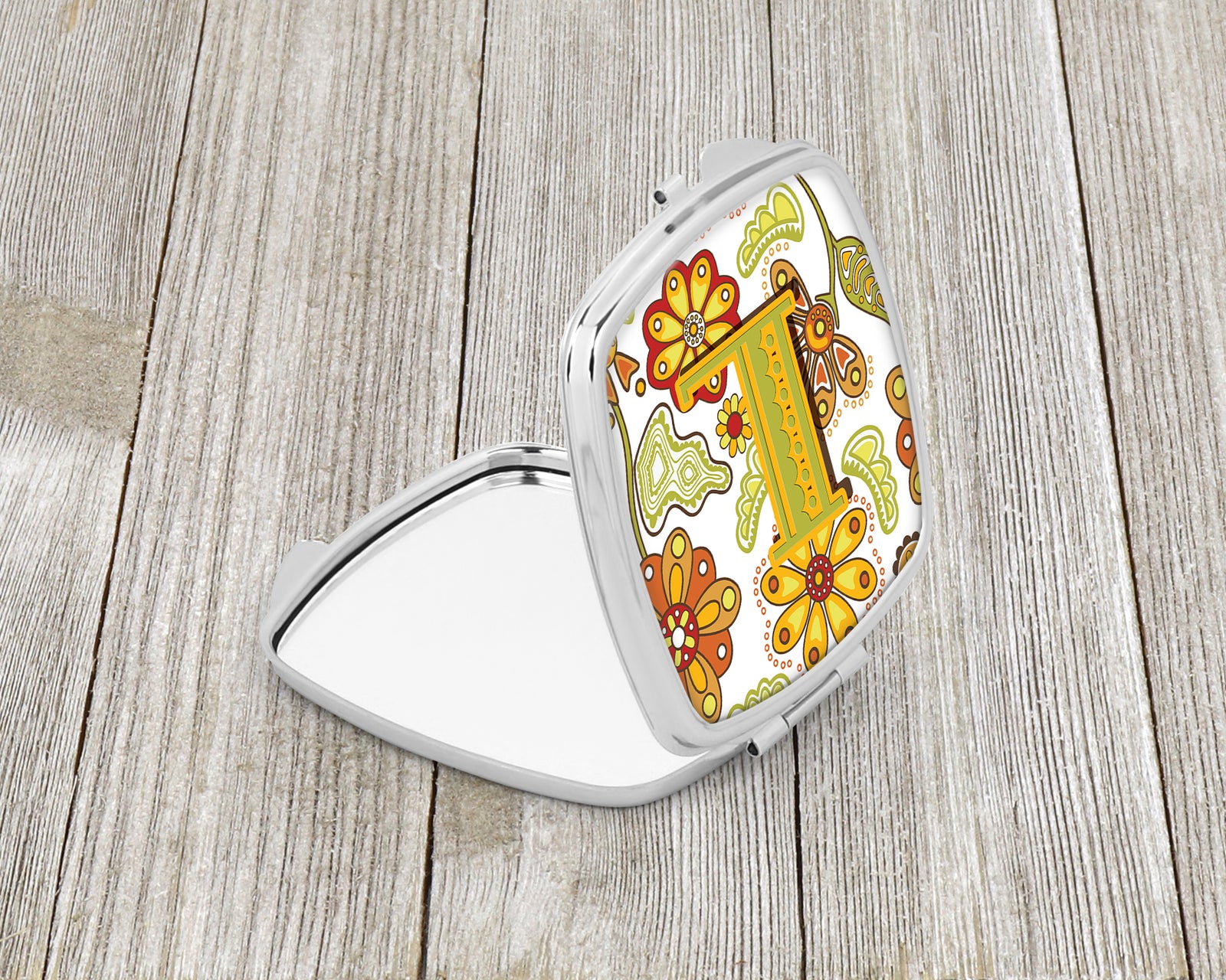 Caroline's Treasures Letter L Floral Mustard and Green Compact Mirror – Stylish Purse Mirror with Artistic Covers CJ2003-LSCM