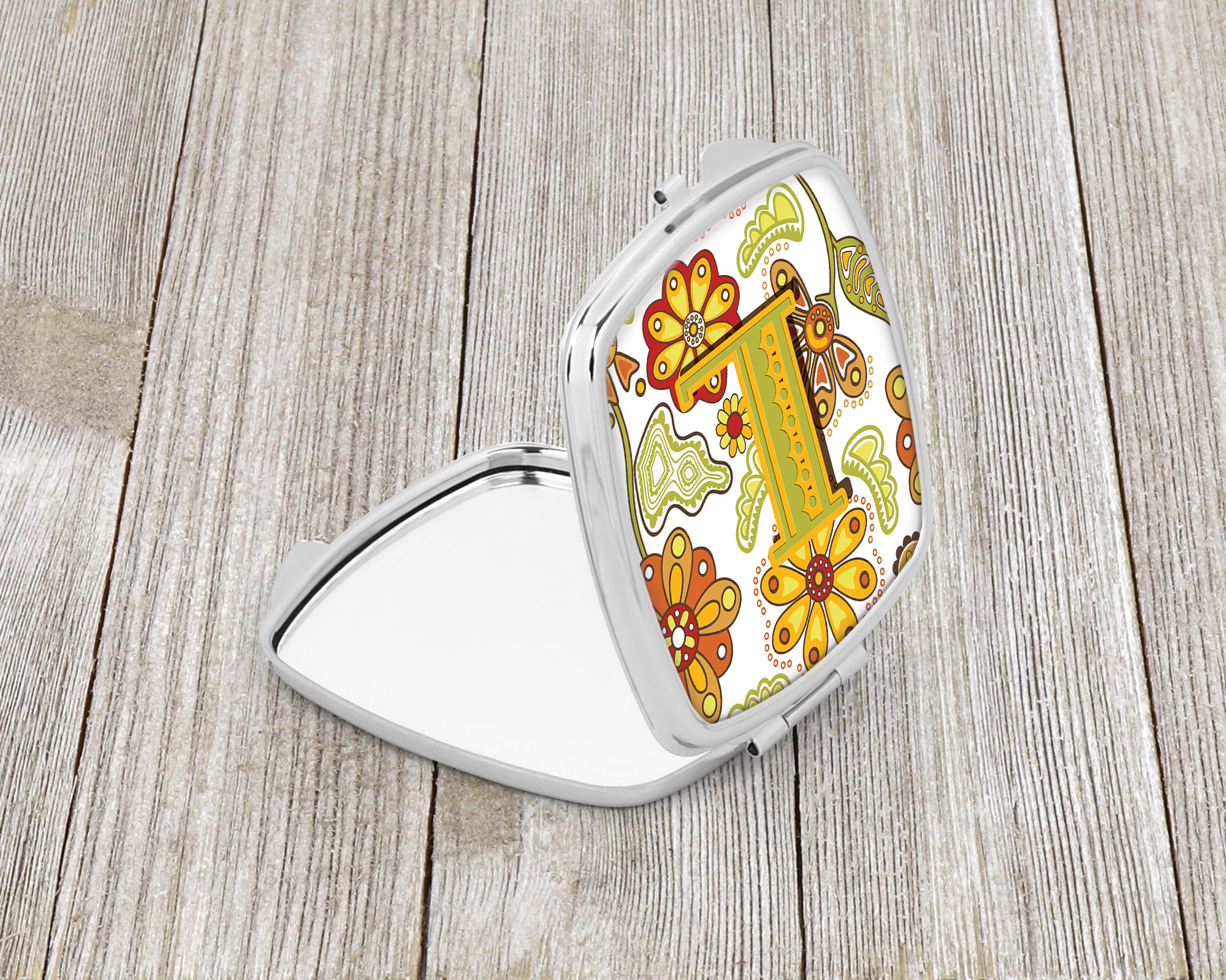 Letter L Floral Mustard and Green Compact Mirror CJ2003-LSCM  the-store.com.